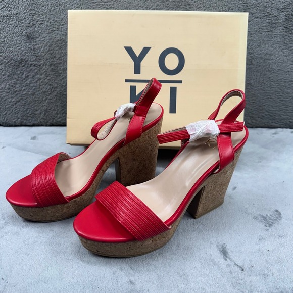 Yoki Red Cork Wedge Platform Sandals Women Size 7 Ankle Strap Open Toe - Picture 5 of 9